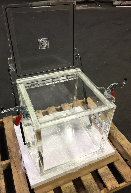 Acrylic Vacuum Chamber, Cube, 12 inch inside dimensions, Gas Spring Supported Lid
